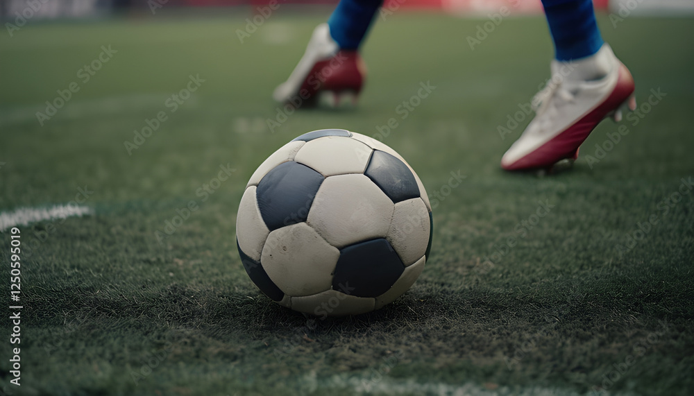 A Close-Up Shot of a White Football on a Grass Ground, Captured with an Isolated Background, Showcasing the Detail of the Ball in Sport Photography, Perfect for Representing Soccer and Athletic Gear. A Close-Up Shot of a White Football on a Grass Ground, Captured with an Isolated Background, Showcasing the Detail of the Ball in Sport Photography, Perfect for Representing Soccer and Athletic Gear.