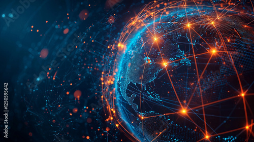 Global Network: A digital abstract representation of a connected world. A glowing, digital globe with interconnected lines represents the global network.