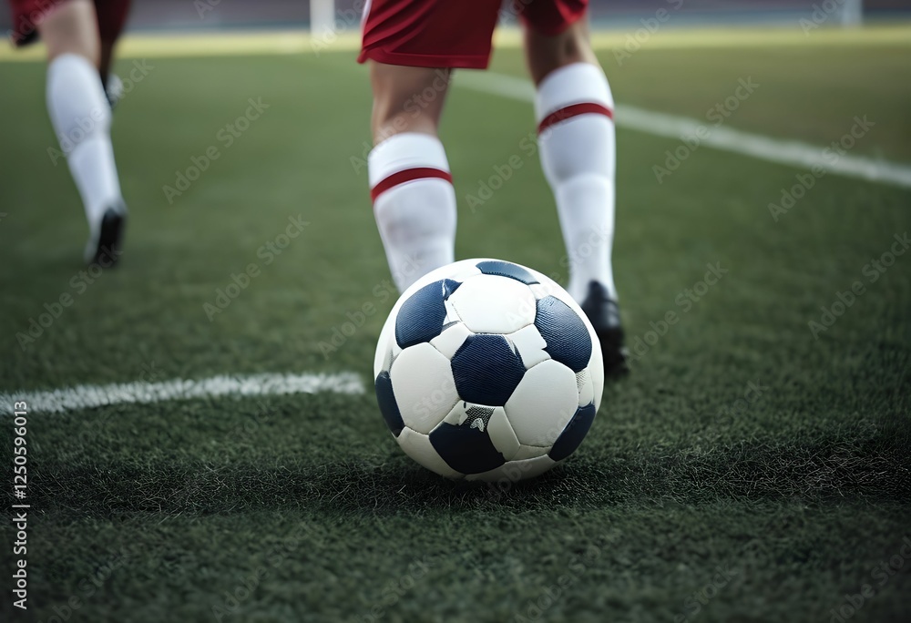 Fototapeta premium A Close-Up Shot of a White Football on a Grass Ground, Captured with an Isolated Background, Showcasing the Detail of the Ball in Sport Photography, Perfect for Representing Soccer and Athletic Gear.