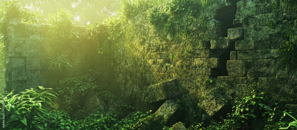 Fototapeta premium Ancient crumbled stone wall enveloped in lush moss and vibrant greenery under soft ambient light