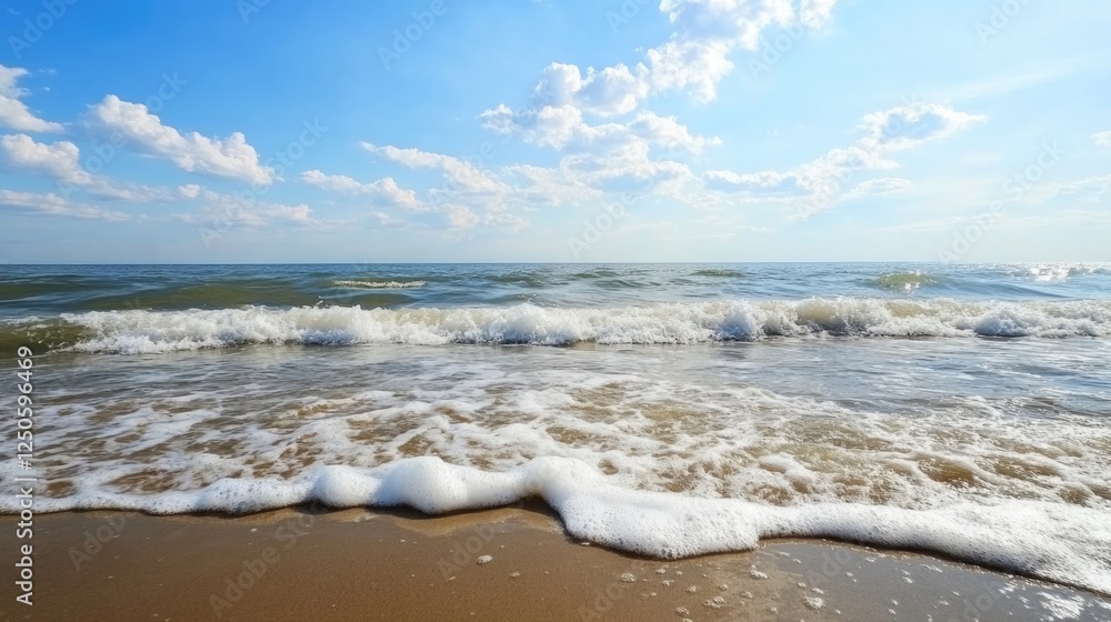 Calm ocean waves lapping at the sandy shore under a blue sky ideal for relaxation and summer vacation travel experiences Calm ocean waves lapping at the sandy shore under a blue sky ideal for relaxation and summer vacation travel experiences