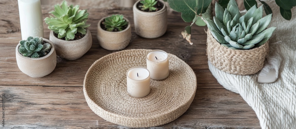 Natural Hemp Tray with Candles Surrounded by Succulent Plants on a Rustic Wooden Surface for Eco-Friendly Home Decor Natural Hemp Tray with Candles Surrounded by Succulent Plants on a Rustic Wooden Surface for Eco-Friendly Home Decor