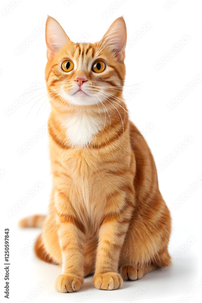 Cute cat with a yellow face sitting on a white background, displaying a friendly and adorable expression. Cute cat with a yellow face sitting on a white background, displaying a friendly and adorable expression.