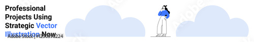 Woman using a telescope, standing amidst blue clouds. Ideal for exploration, vision, future planning, curiosity, goal setting, strategy innovation. Great flat landing page banner