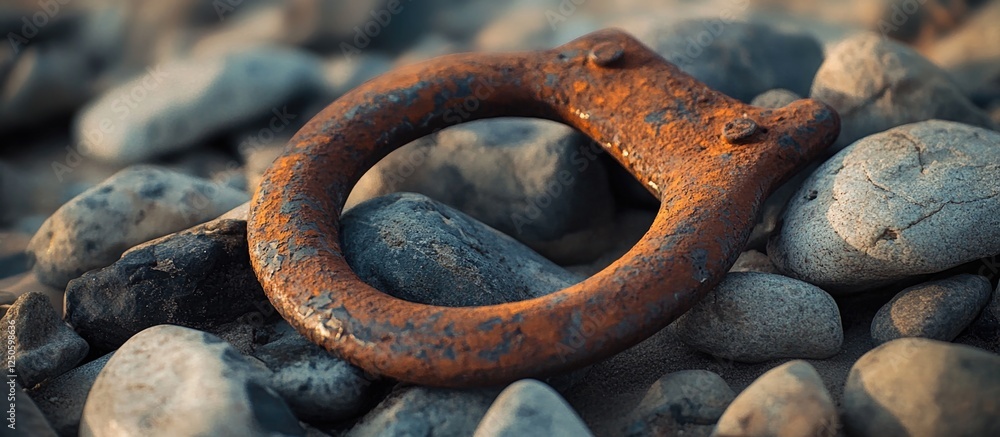 Rusty horseshoe resting among pebbles showcasing weathered texture and a rustic aesthetic in natural outdoor setting. Rusty horseshoe resting among pebbles showcasing weathered texture and a rustic aesthetic in natural outdoor setting.