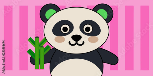 Cute cartoon panda, waving happily, bamboo background, pastel colors, simple illustration style