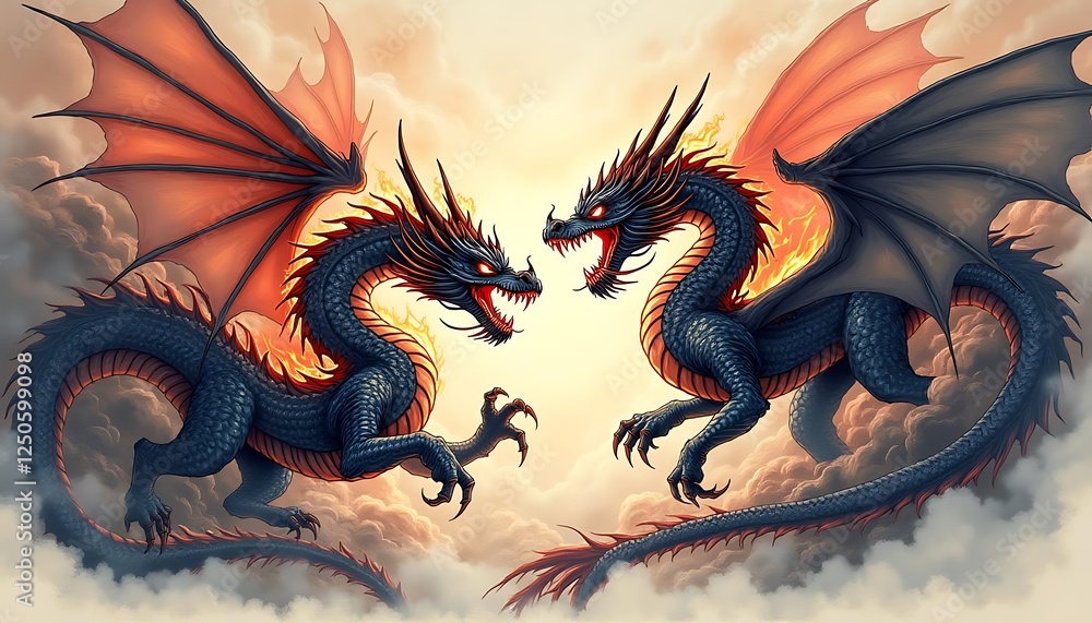 Obraz premium Fiery Dragons Confrontation in the Heavens
