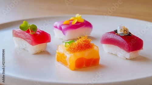 Gourmet sushi assortment on plate, restaurant setting photo