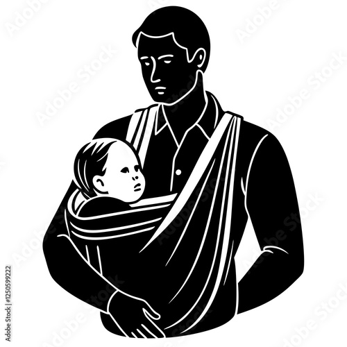 Father carrying a baby in a baby sling silhouette vector illustration 
