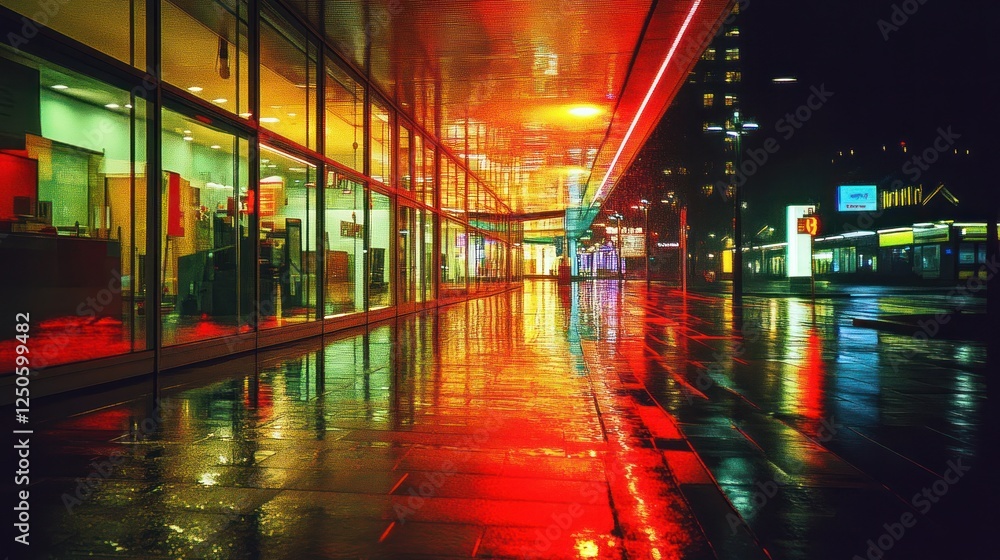 Night Reflections on Wet Sidewalk with Bright Colors Night Reflections on Wet Sidewalk with Bright Colors