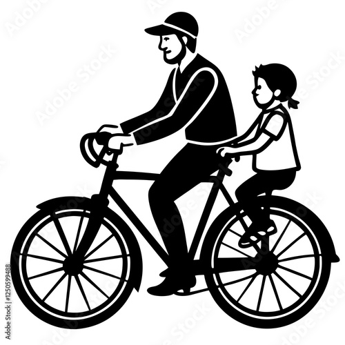 Father riding a bicycle with child in the backseat silhouette vector illustration 