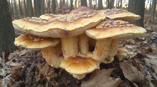 Clustered mushrooms on forest floor, sunlight filtering through trees photo