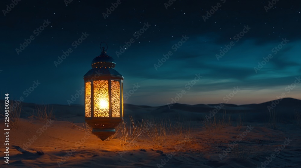 Traditional arabic lantern glowing in the tranquil desert night with starry sky background, creating a serene and spiritual atmosphere for ramadan kareem, islamic festivities, and festive greeting ban Traditional arabic lantern glowing in the tranquil desert night with starry sky background, creating a serene and spiritual atmosphere for ramadan kareem, islamic festivities, and festive greeting ban