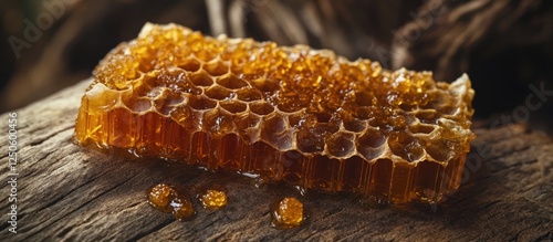 Natural honeycomb with golden honey showcasing hexagonal cells rich in nectar and larvae on a rustic wooden surface.