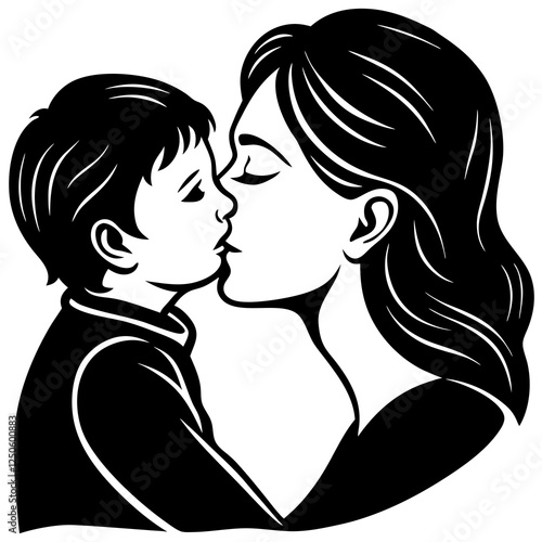 Mother kissing child on the forehead silhouette vector illustration 