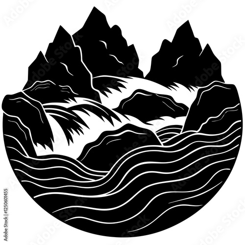 Rapids rushing over rocks silhouette vector illustration 