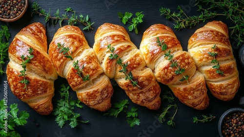 Baked croissants garnished with fresh thyme on dark slate photo