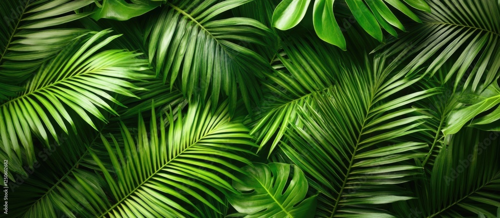 Lush tropical palm leaves texture creating a vibrant backdrop for nature-themed designs and presentations. Lush tropical palm leaves texture creating a vibrant backdrop for nature-themed designs and presentations.