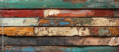 Rustic Colorful Wooden Planks with Weathered Texture and Peeling Paint for Background or Design Use photo