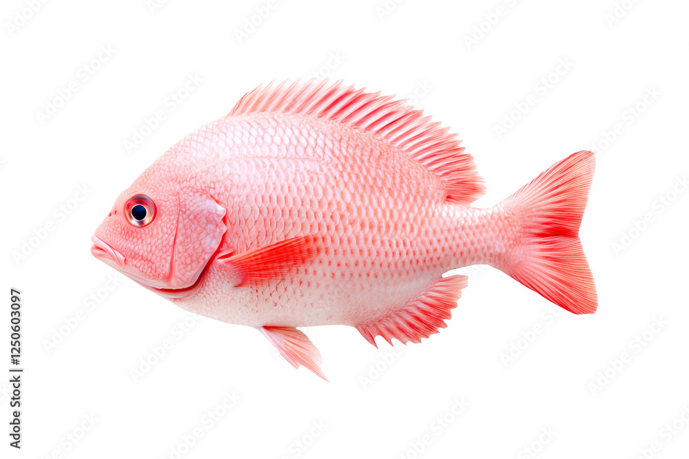 Obraz premium Vibrant orange and white Tilapia fish with detailed scales and fins isolated on white transparent background, representing marine life beauty