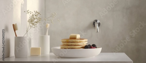 Delicious stack of pancakes with butter served in a white dish alongside fresh berries and minimalistic decor on a neutral background.