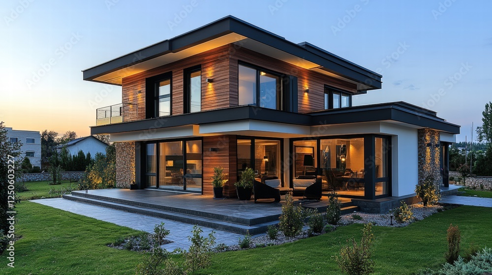 Fototapeta premium Contemporary dream home, An architectural showcase of modern living and design at twilight