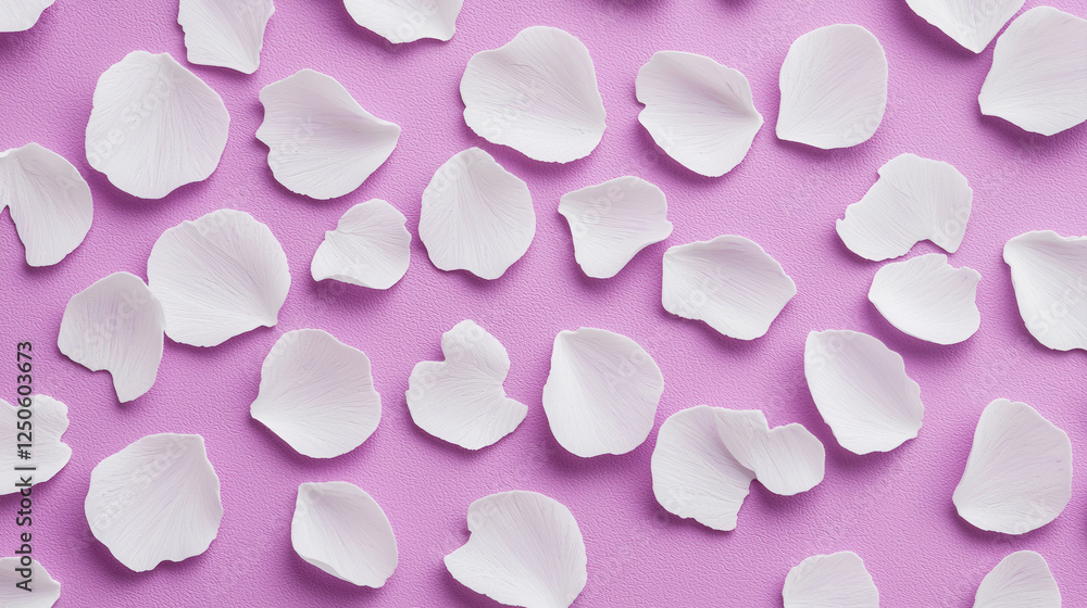 Delicate white petals scattered on soft lavender background, creating serene atmosphere Delicate white petals scattered on soft lavender background, creating serene atmosphere