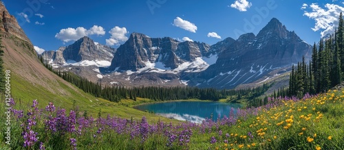 Breathtaking alpine landscape featuring vibrant wildflowers, majestic mountains, and a serene lake under a clear blue sky. photo