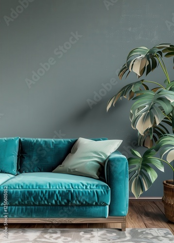 A teal velvet sofa with a light green pillow in front of a teal wall and a potted plant in the corner