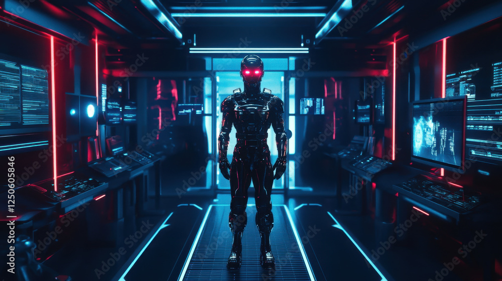Advanced AI robot with a sleek chrome body standing in a high-tech control room Advanced AI robot with a sleek chrome body standing in a high-tech control room