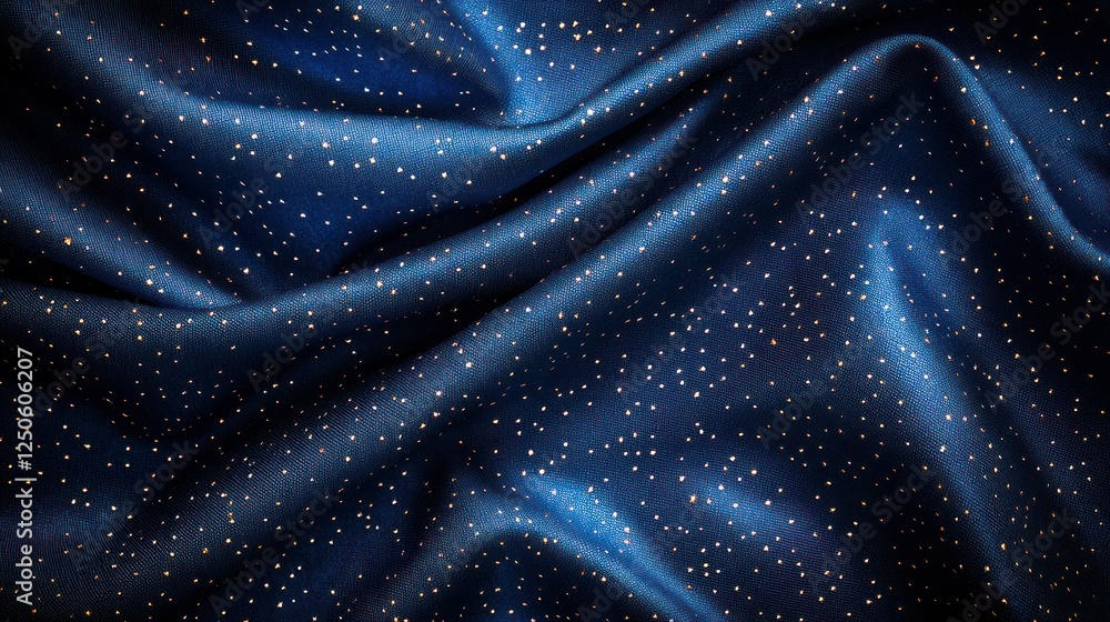 Fototapeta premium Glittering dark blue fabric draped, folds, textured backdrop, festive decor