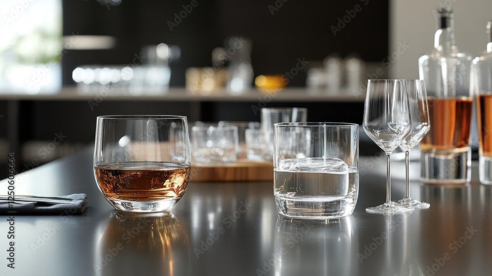Elegant glassware arrangement featuring whiskey, water, and wine on a bar Elegant glassware arrangement featuring whiskey, water, and wine on a bar
