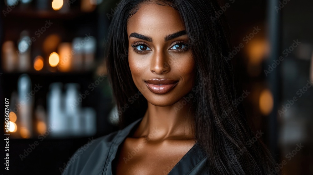 Obraz premium A radiant woman with striking features smiles softly, exuding confidence and warmth in a contemporary setting filled with soft lighting and an elegant atmosphere.