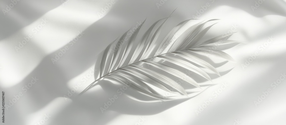 Fototapeta premium Minimalist palm leaf shadow overlay for elegant product placement in aesthetic display on soft textured background.