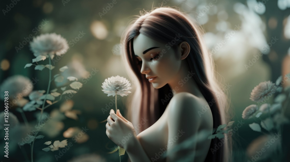 A young woman with long hair gently holds a white flower in a serene garden setting. A young woman with long hair gently holds a white flower in a serene garden setting.