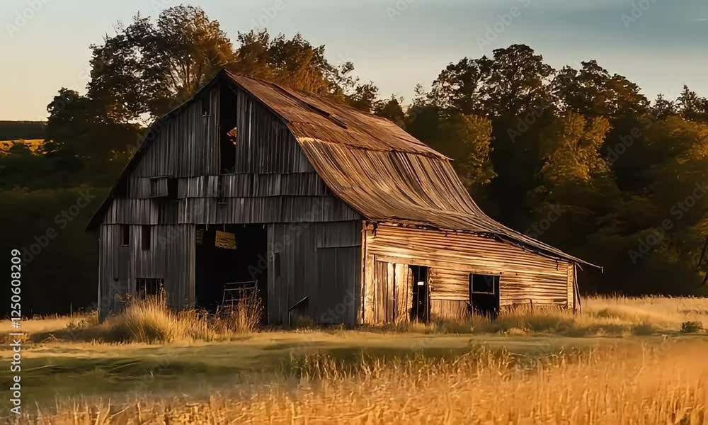 Old Barn at Sunset in Rural Field Old Barn at Sunset in Rural Field