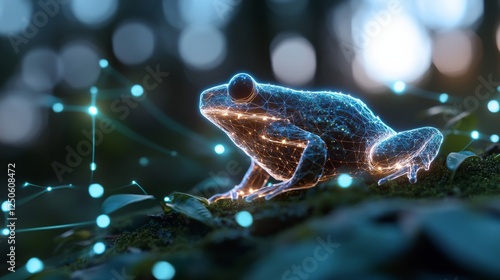 Glowing Frog Sculpture in Neon Rainforest Eco-Conscious Artistry for Futuristic Biodiversity Exhibits and Green Marketing Campaigns photo