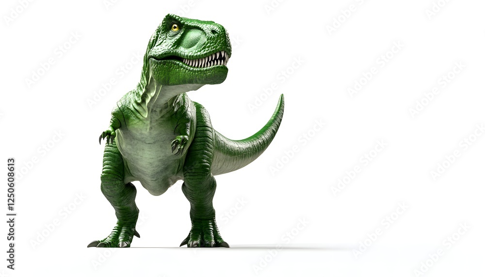 Fototapeta premium A Green Tyrannosaurus Rex Dinosaur Stands Against White Background