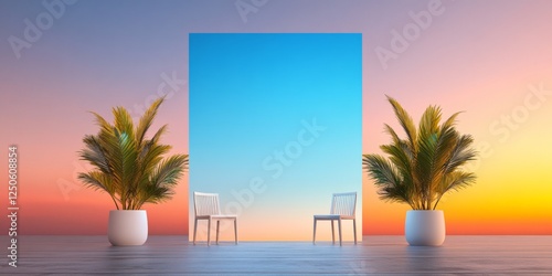 Contemporary Minimalist Conference Setting Tropical Plants with White Chairs and Sky Gradient, Symbolizing International Dialogue and Sustainable Event Design for Professional Collaboration