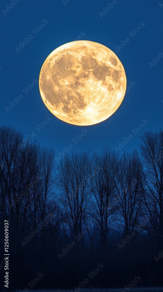 Full moon rising above bare trees in a winter night sky, casting a golden glow over the quiet landscape.
Full moon rising above bare trees in a winter night sky, casting a golden glow over the quiet landscape.