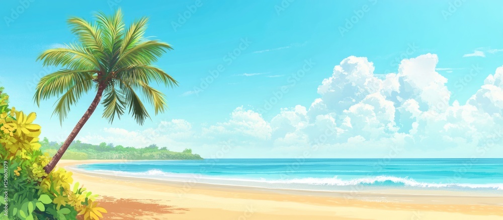 Obraz premium Serene tropical beach with a palm tree under a clear blue sky and gentle waves in springtime ambiance.
