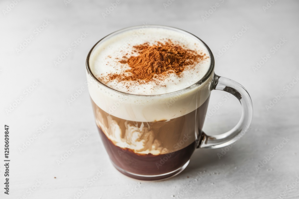 A layered coffee drink in a glass mug, topped with a sprinkle of cinnamon. A layered coffee drink in a glass mug, topped with a sprinkle of cinnamon.