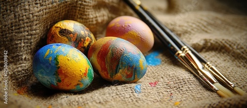 Colorful Easter eggs on sackcloth with paintbrushes creating a festive seasonal background for spring celebrations and creative activities photo