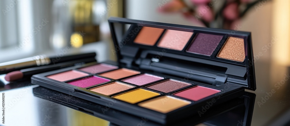 Vibrant Professional Eyeshadow Palette Displayed on Sleek Surface with Makeup Brushes and Soft Lighting Vibrant Professional Eyeshadow Palette Displayed on Sleek Surface with Makeup Brushes and Soft Lighting