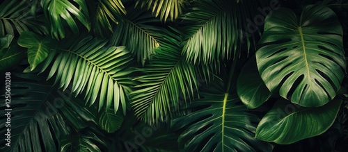 Lush green tropical leaves creating a rich textured background ideal for nature and botanical themes in design and marketing. photo