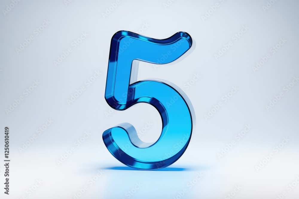 A vibrant blue glass number five, rendered in 3D, against a bright white background. A vibrant blue glass number five, rendered in 3D, against a bright white background.