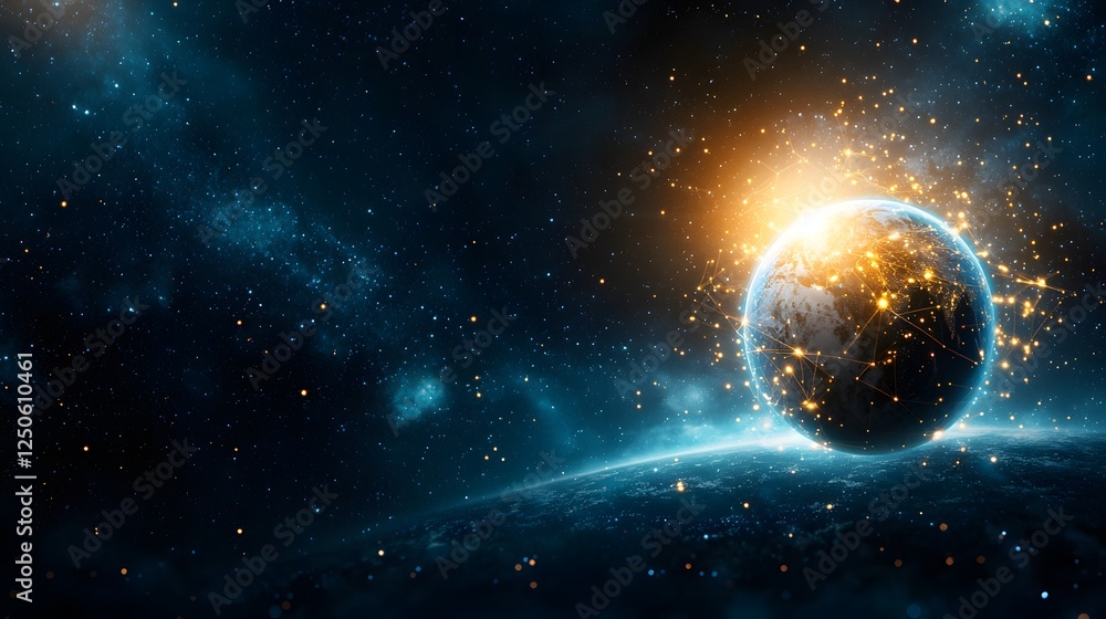 Fototapeta premium Captivating cosmic sphere shimmering in the embrace of a distant galaxy surrounded by a dazzling array of celestial wonders This breathtaking image showcases the beauty and mystery of the universe
