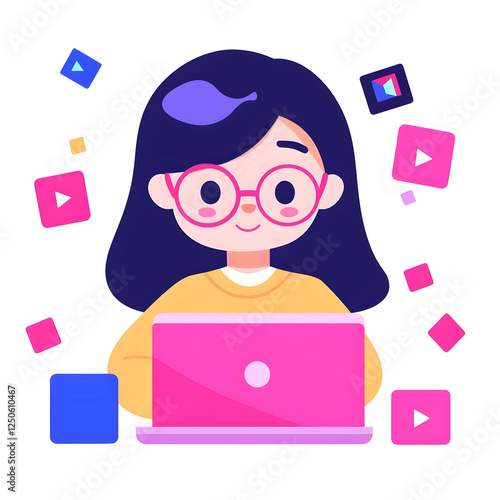 Young woman working on laptop with colorful icons around her