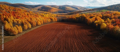 Aerial view of ploughed fields surrounded by vibrant autumn trees in Tulskaya Oblast Russia during October with rolling hills in the background photo