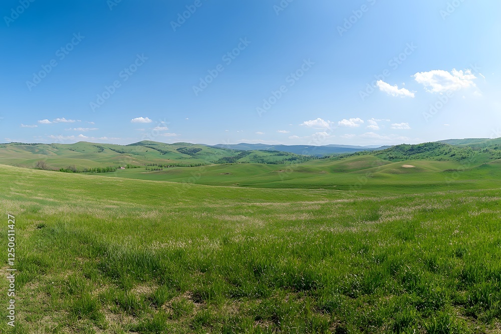 Panoramic view of green hills under blue sky, idyllic countryside landscape, perfect for travel brochures Panoramic view of green hills under blue sky, idyllic countryside landscape, perfect for travel brochures